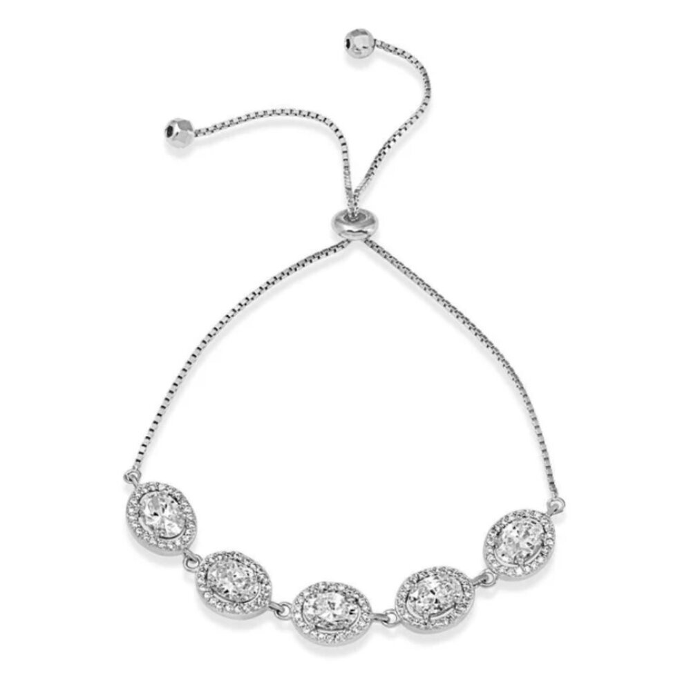 Silver 925 Rhodium Plated 5 Micro Pave Oval and Round CZ Lariat Bracelet